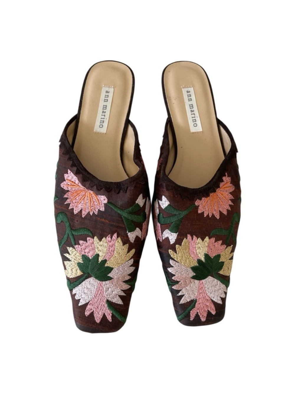 Ann Marino Embroidered Floral Square Toe Mules Brown Tapestry Shoes 7M - Picture 2 of 8